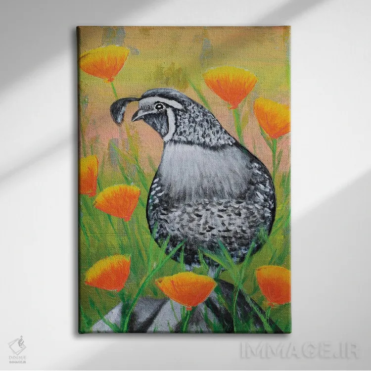 تابلو دکوراتیو بلدرچین کالیفرنیا و شقایق ها اثر جونیر ناوارو - نمای روبهرو روی دیوار