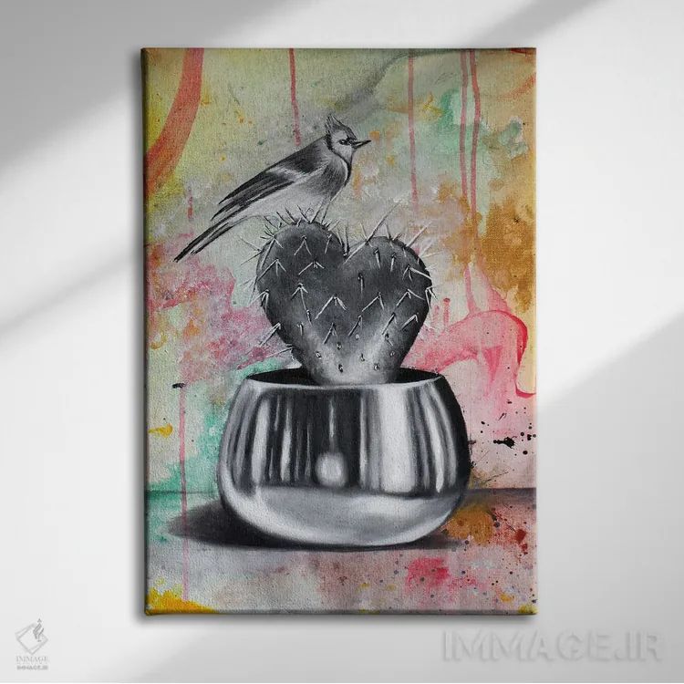 تابلو دکوراتیو کاکتوس و پرنده اثر جونیر ناوارو - نمای روبهرو روی دیوار