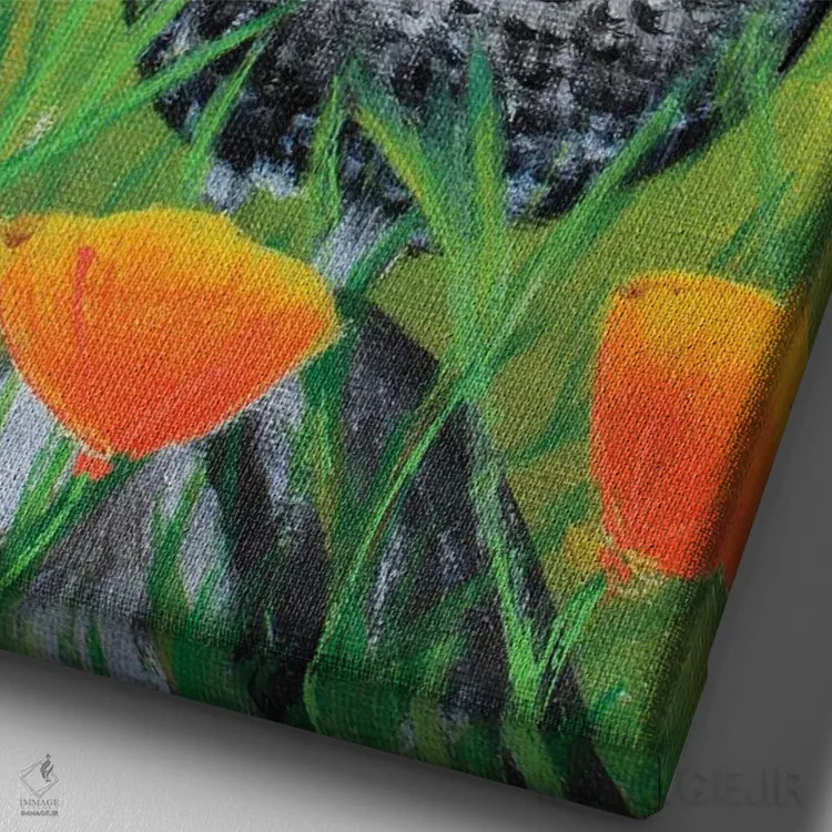 تابلو دکوراتیو بلدرچین کالیفرنیا و شقایق ها اثر جونیر ناوارو - نمای نزدیک بافت بوم