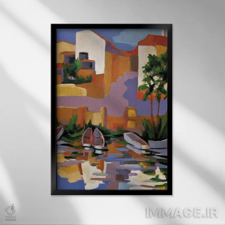 تابلو دکوراتیو بندرگاه کوچکی بر رودخانه ای در فرانسه اثر ژان-نوئل لو ژونتر - نمای قابدار مشکی