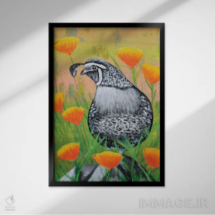 تابلو دکوراتیو بلدرچین کالیفرنیا و شقایق ها اثر جونیر ناوارو - نمای قابدار مشکی