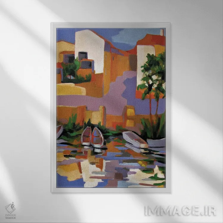 تابلو دکوراتیو بندرگاه کوچکی بر رودخانه ای در فرانسه اثر ژان-نوئل لو ژونتر - نمای قابدار سفید