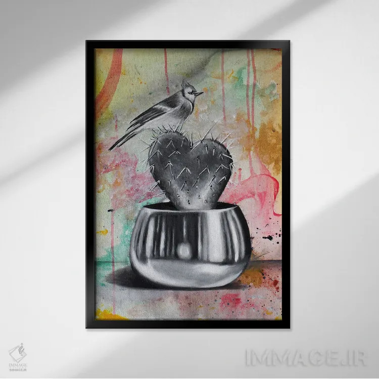 تابلو دکوراتیو کاکتوس و پرنده اثر جونیر ناوارو - نمای قابدار مشکی