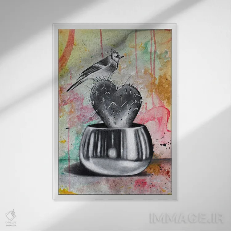 تابلو دکوراتیو کاکتوس و پرنده اثر جونیر ناوارو - نمای قابدار سفید