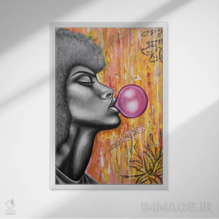 تابلو دکوراتیو دختر آدامس بادکنکی اثر جونیر ناوارو - نمای قابدار سفید