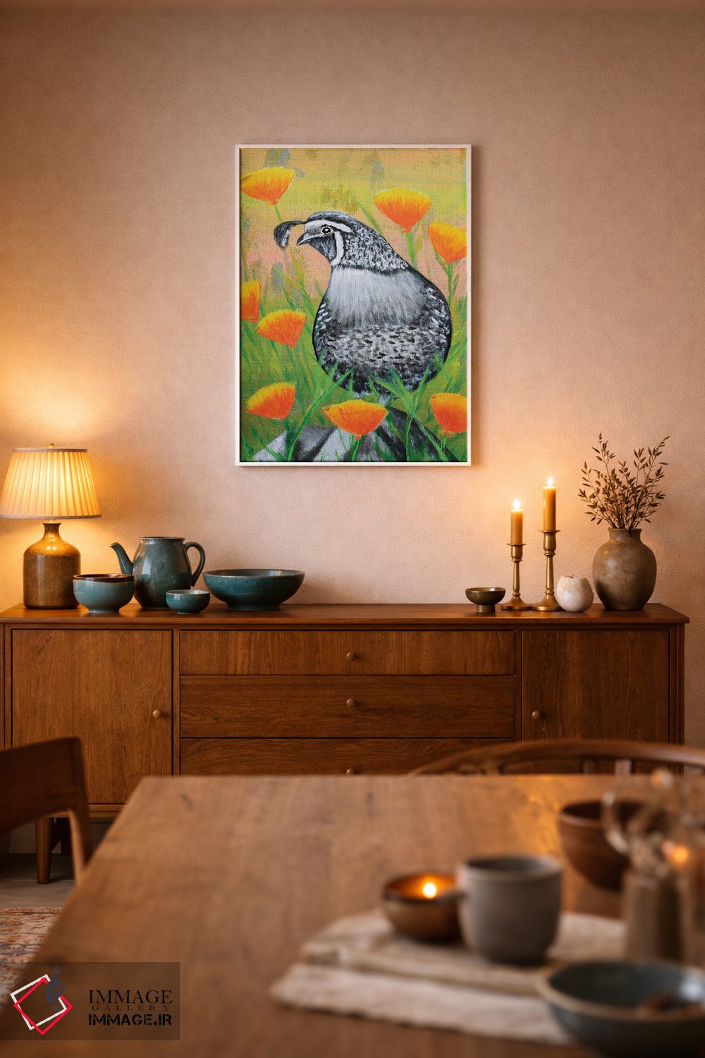 تابلو دکوراتیو بلدرچین کالیفرنیا و شقایق ها اثر جونیر ناوارو - D5W