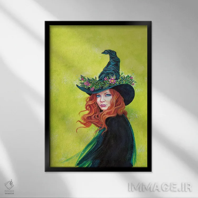 تابلو دکوراتیو گیاه بلادونا روی کلاه زیبای جادوگر اثر جین استار ویلز - نمای قابدار مشکی
