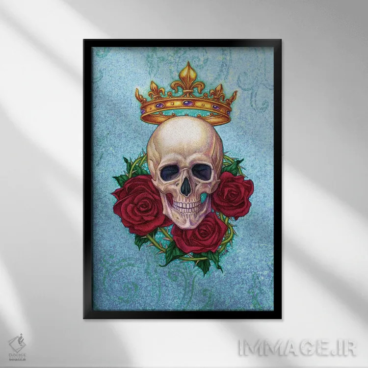 تابلو دکوراتیو Skull And Roses,تاج، جمجمه و رزها اثر جین استار ویلز - نمای قابدار مشکی