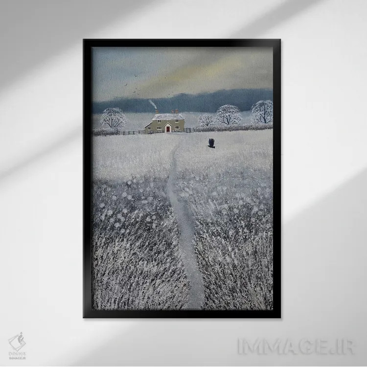 تابلو دکوراتیو مسیر کلبه زمستانی اثر جو گراندی - نمای قابدار مشکی
