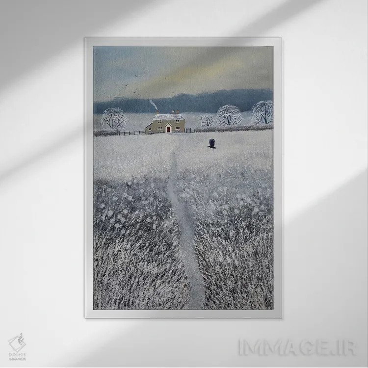 تابلو دکوراتیو مسیر کلبه زمستانی اثر جو گراندی - نمای قابدار سفید