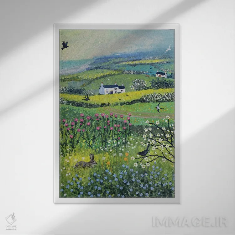 تابلو دکوراتیو آرمیده در چمنزار اثر جو گراندی - نمای قابدار سفید
