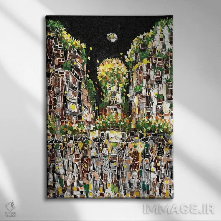 تابلو انتزاعی شهر موزاییکی اثر یواخیم مک میلان - نمای روبهرو روی دیوار