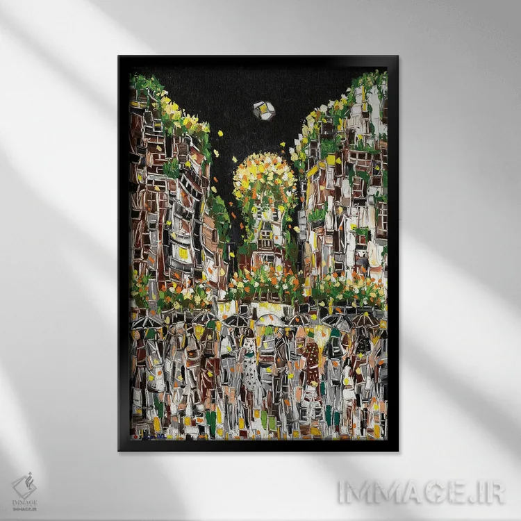 تابلو انتزاعی شهر موزاییکی اثر یواخیم مک میلان - نمای قابدار مشکی