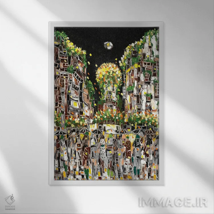 تابلو انتزاعی شهر موزاییکی اثر یواخیم مک میلان - نمای قابدار سفید