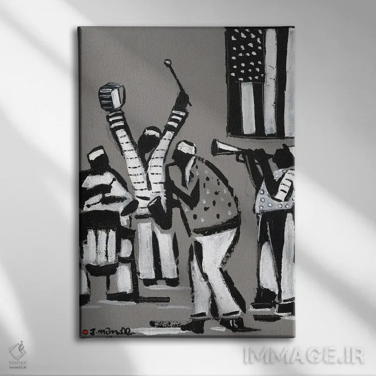 تابلو انتزاعی جاز سیاه و سفید اثر یواخیم مک میلان - نمای روبهرو روی دیوار