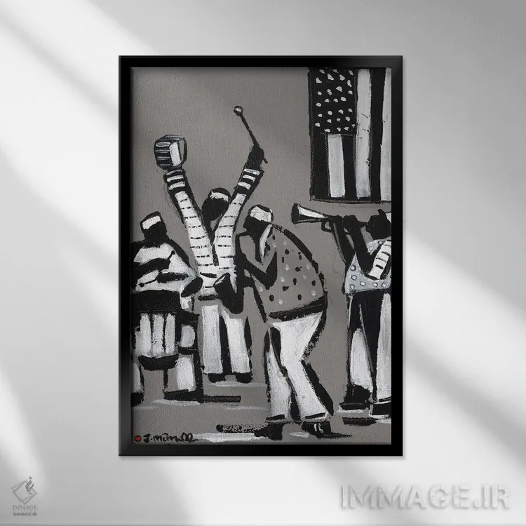 تابلو انتزاعی جاز سیاه و سفید اثر یواخیم مک میلان - نمای قابدار مشکی