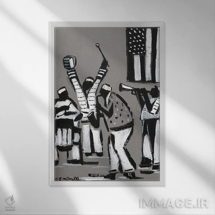 تابلو انتزاعی جاز سیاه و سفید اثر یواخیم مک میلان - نمای قابدار سفید