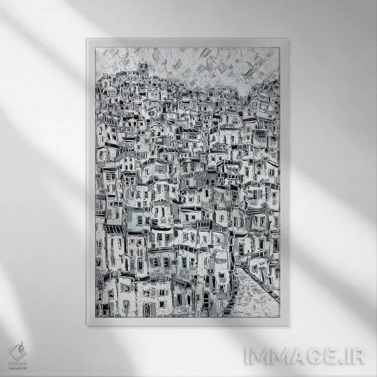 تابلو انتزاعی قرنطینه اثر یواخیم مک میلان - نمای قابدار سفید