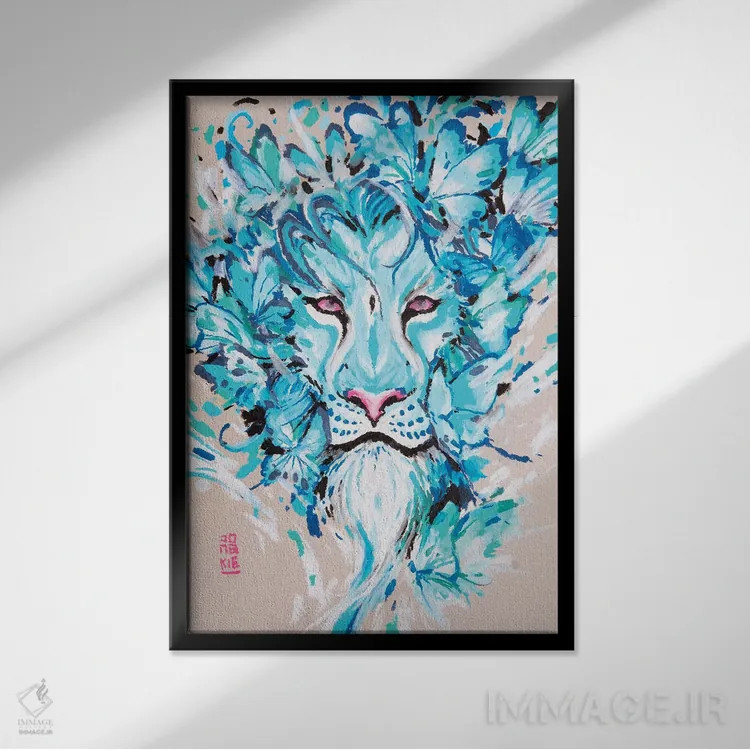 تابلو دکوراتیو شیر آبی اثر جونگکی - نمای قابدار مشکی
