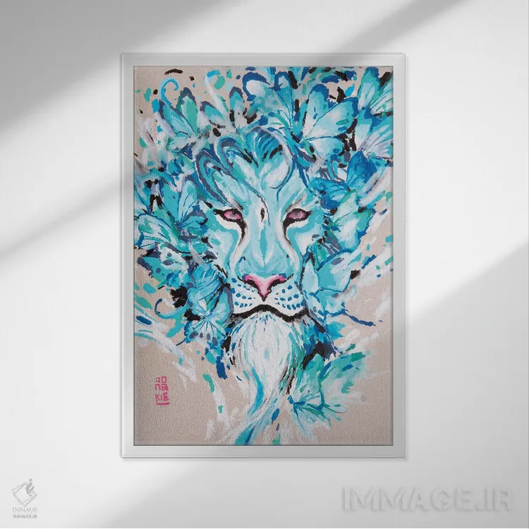 تابلو دکوراتیو شیر آبی اثر جونگکی - نمای قابدار سفید