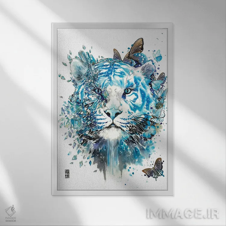 تابلو دکوراتیو ببر سفید یخی اثر جونگکی - نمای قابدار سفید