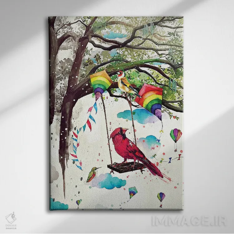 تابلو دکوراتیو دوران کودکی پرندگان اثر جان سانتوس - نمای روبهرو روی دیوار