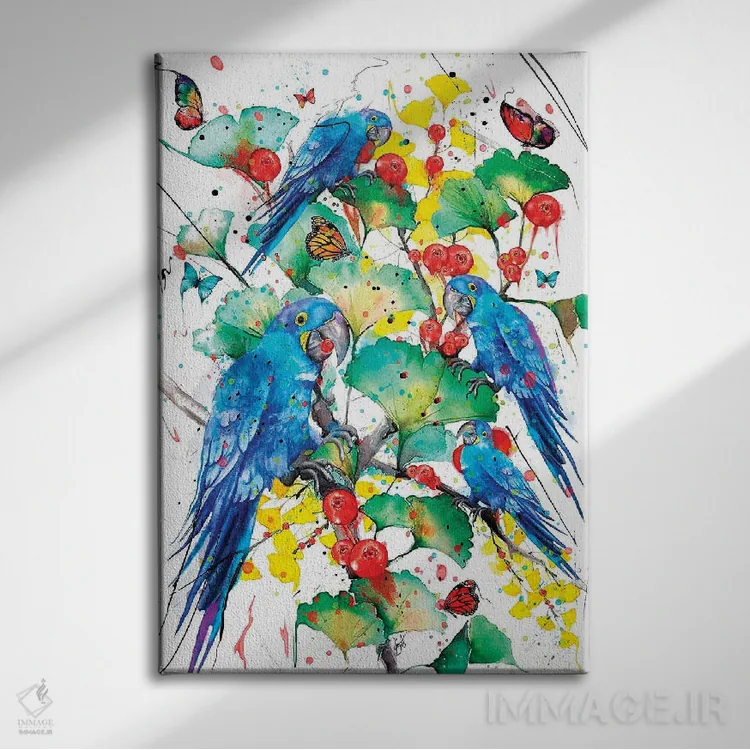 تابلو دکوراتیو طوطی های آبی اثر جان سانتوس - نمای روبهرو روی دیوار