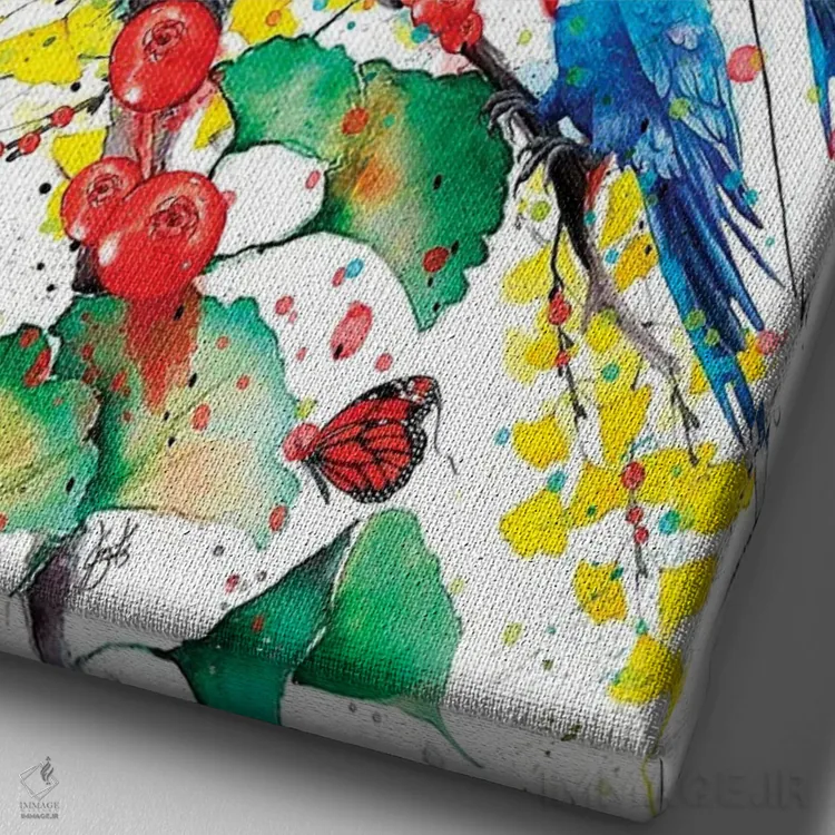 تابلو دکوراتیو طوطی های آبی اثر جان سانتوس - نمای نزدیک بافت بوم