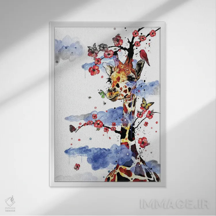 تابلو دکوراتیو زرافه آسمانی اثر جان سانتوس - نمای قابدار سفید