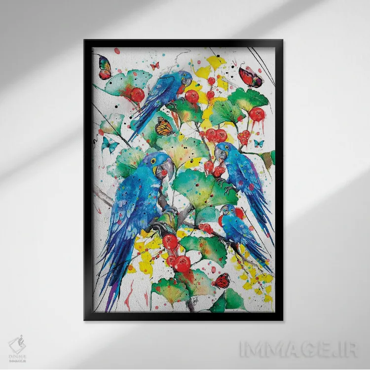 تابلو دکوراتیو طوطی های آبی اثر جان سانتوس - نمای قابدار مشکی