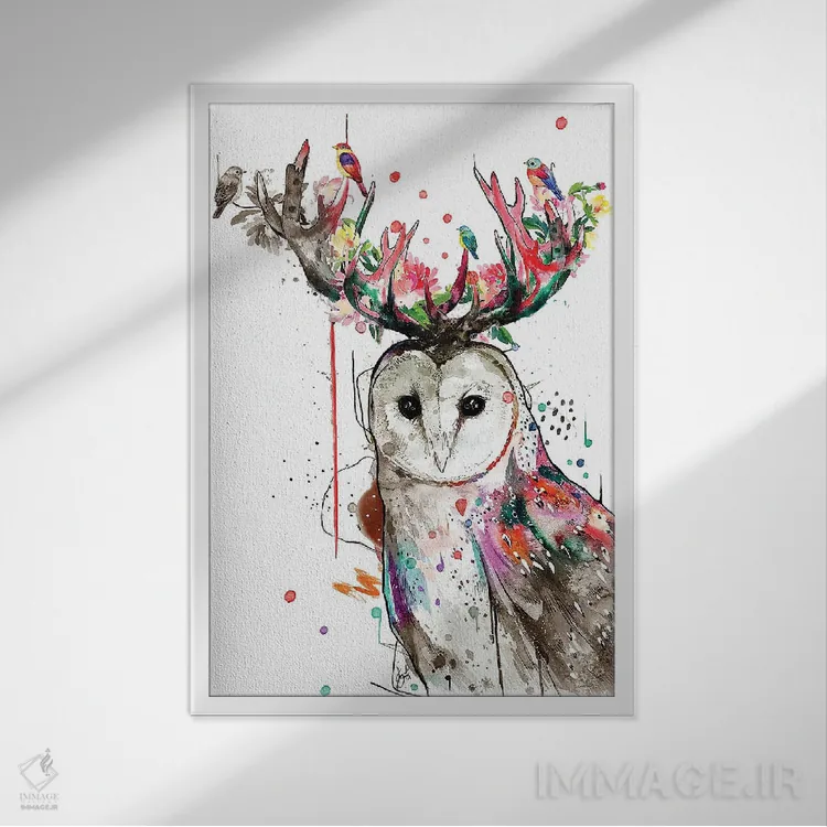 تابلو دکوراتیو جغد ملکه اثر جان سانتوس - نمای قابدار سفید