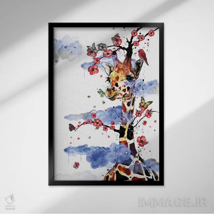 تابلو دکوراتیو زرافه آسمانی اثر جان سانتوس - نمای قابدار مشکی