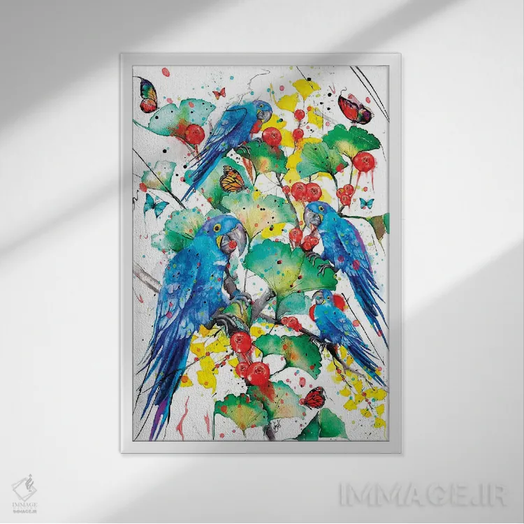 تابلو دکوراتیو طوطی های آبی اثر جان سانتوس - نمای قابدار سفید