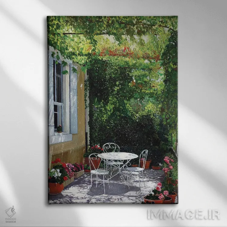 تابلو دکوراتیو تراس گل شمعدانی اثر ژان پل کورشیا - نمای روبهرو روی دیوار