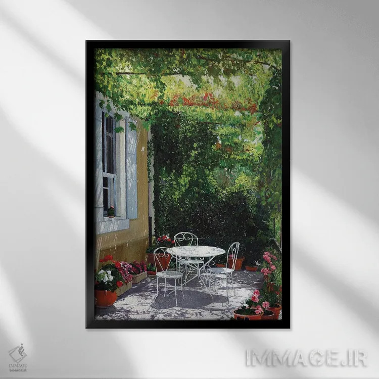 تابلو دکوراتیو تراس گل شمعدانی اثر ژان پل کورشیا - نمای قابدار مشکی