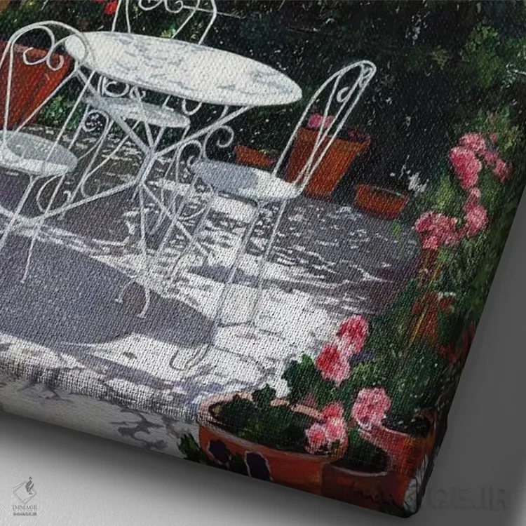 تابلو دکوراتیو تراس گل شمعدانی اثر ژان پل کورشیا - نمای نزدیک بافت بوم