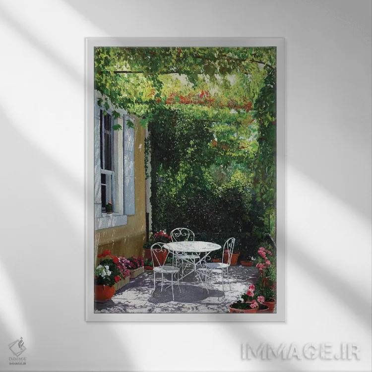 تابلو دکوراتیو تراس گل شمعدانی اثر ژان پل کورشیا - نمای قابدار سفید