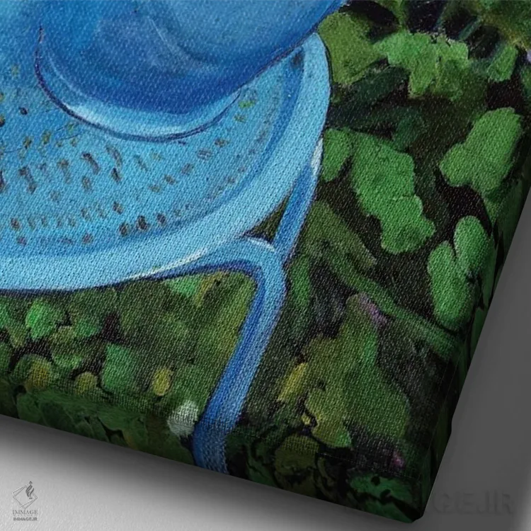 تابلو دکوراتیو صندلی آبی و گل های رز اثر ژان پل کورشیا - نمای نزدیک بافت بوم