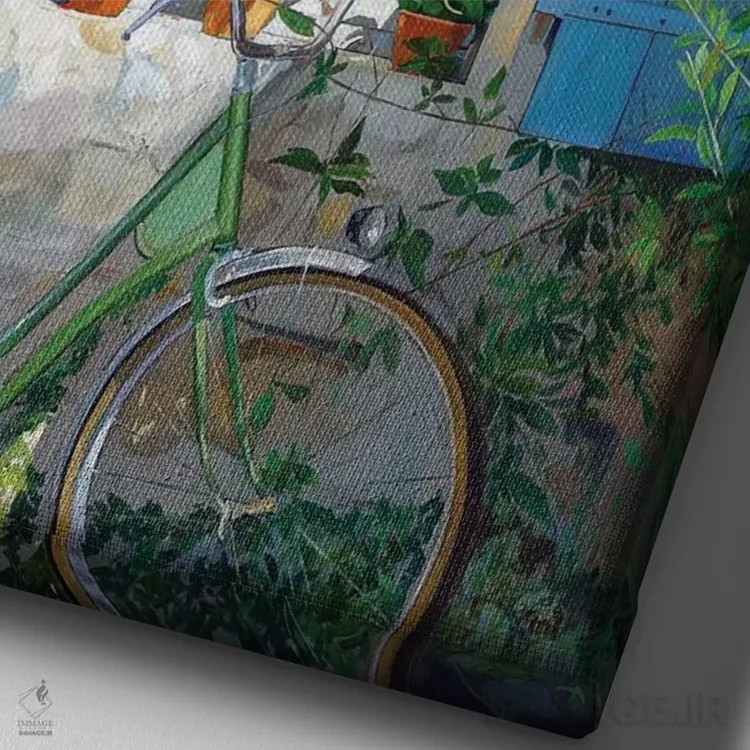 تابلو دکوراتیو دوچرخه مقابل پنجره اثر ژان پل کورشیا - نمای نزدیک بافت بوم