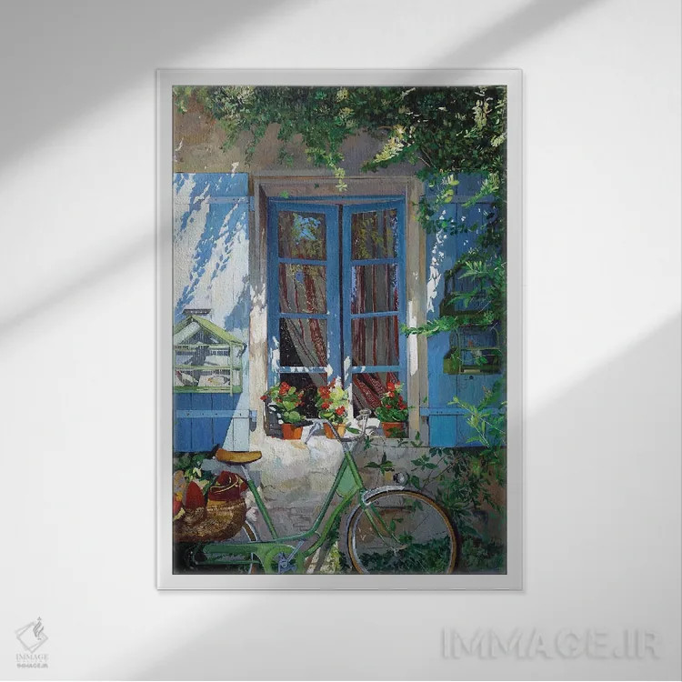 تابلو دکوراتیو دوچرخه مقابل پنجره اثر ژان پل کورشیا - نمای قابدار سفید