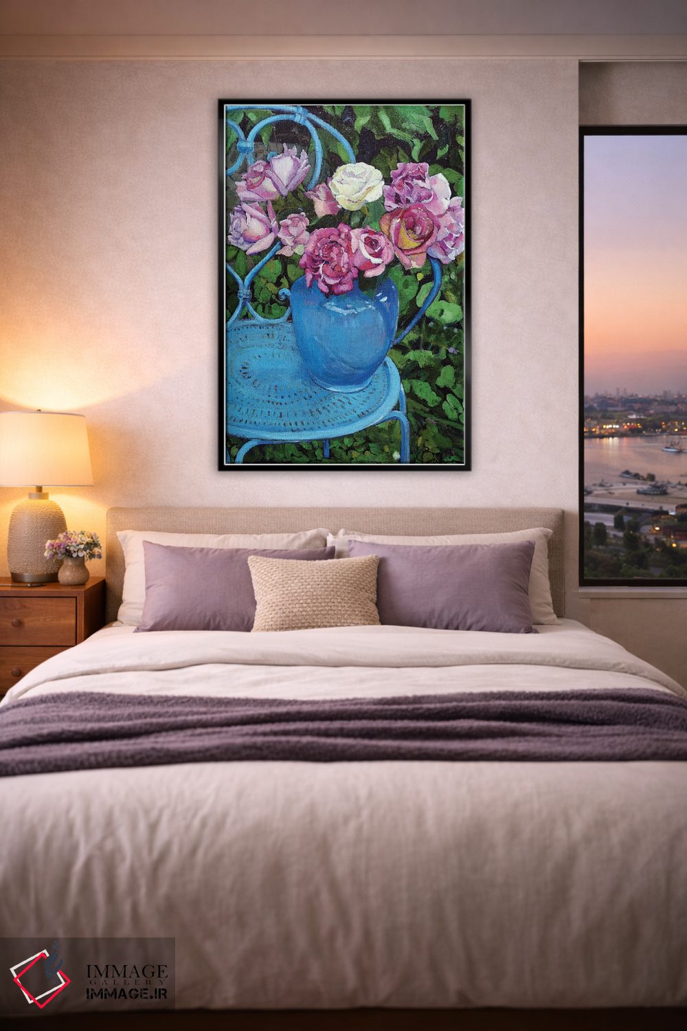 تابلو دکوراتیو صندلی آبی و گل های رز اثر ژان پل کورشیا - D6B