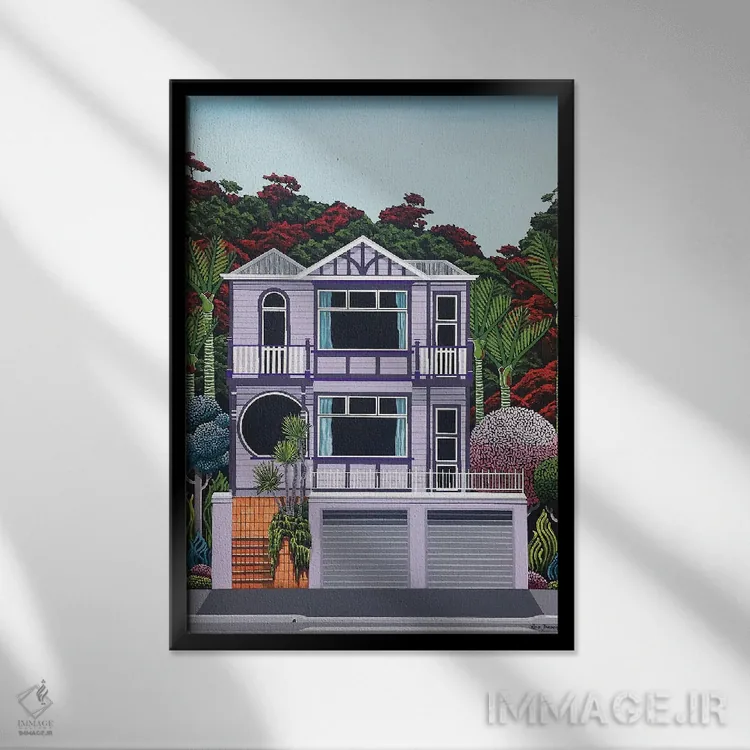 تابلو دکوراتیو خانه بنفش کنار خلیج اثر لیزا جپسون - نمای قابدار مشکی