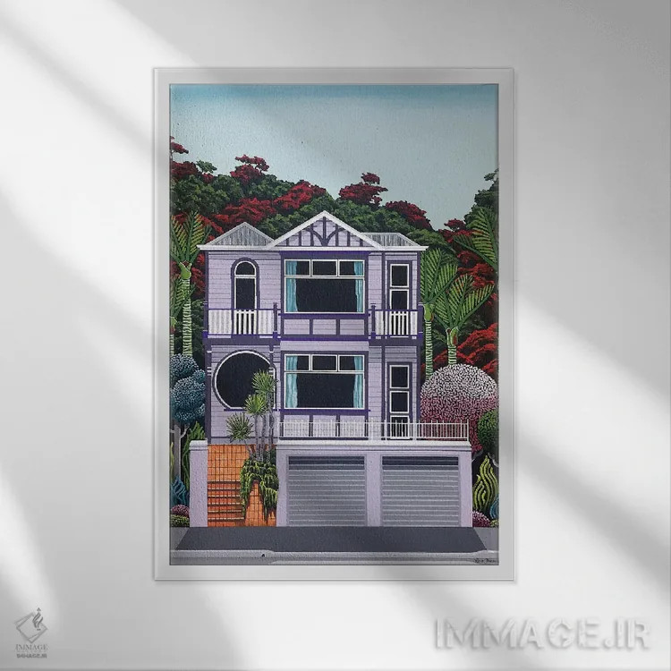 تابلو دکوراتیو خانه بنفش کنار خلیج اثر لیزا جپسون - نمای قابدار سفید