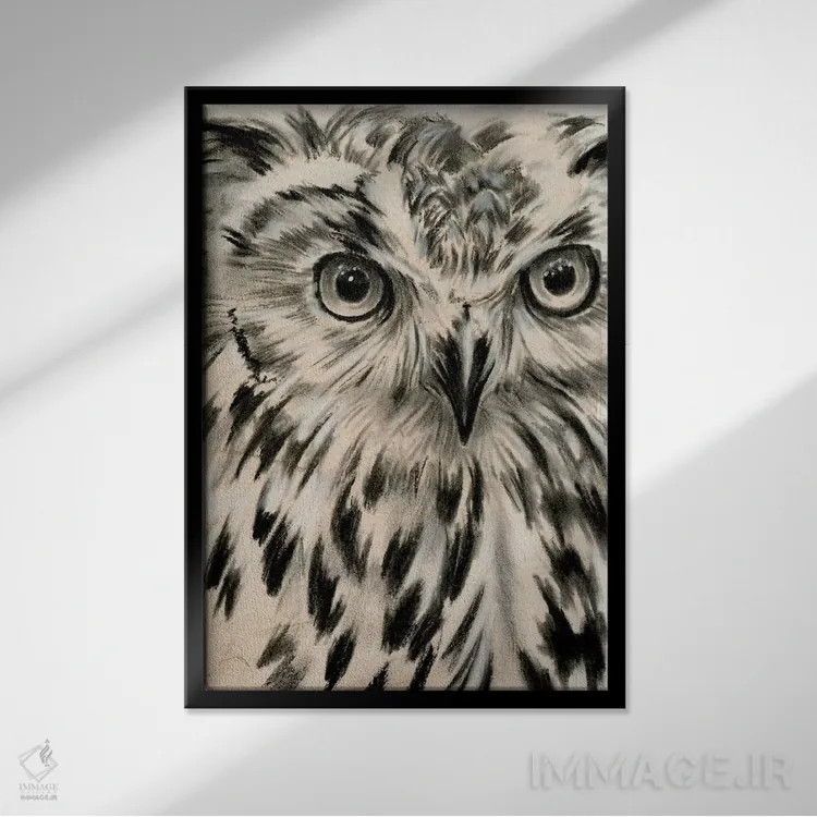 تابلو دکوراتیو جغد زغالی یک اثر جنیفر پکستون پارکر - نمای قابدار مشکی