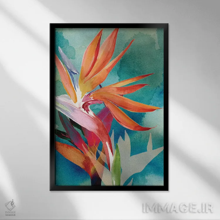 تابلو دکوراتیو پرندگان بهشتی زنده و پررنگ ۲ اثر جنیفر پکستون پارکر - نمای قابدار مشکی