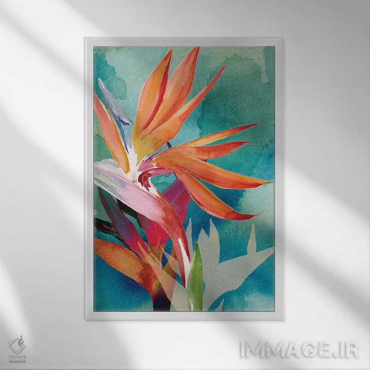 تابلو دکوراتیو پرندگان بهشتی زنده و پررنگ ۲ اثر جنیفر پکستون پارکر - نمای قابدار سفید