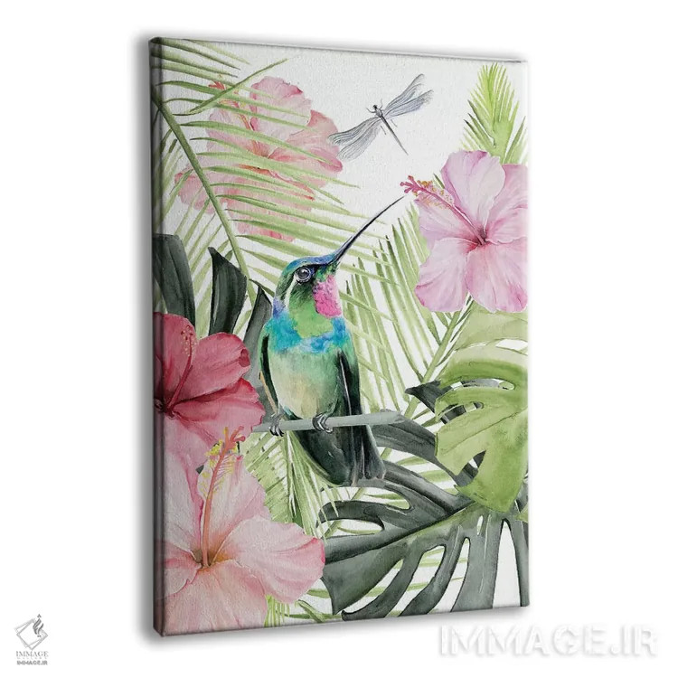 تابلو دکوراتیو شکوفه هیبیسکوس و مرغ مگس خوار ۲ اثر جنیفر پکستون پارکر - نمای پرسپکتیو محصول