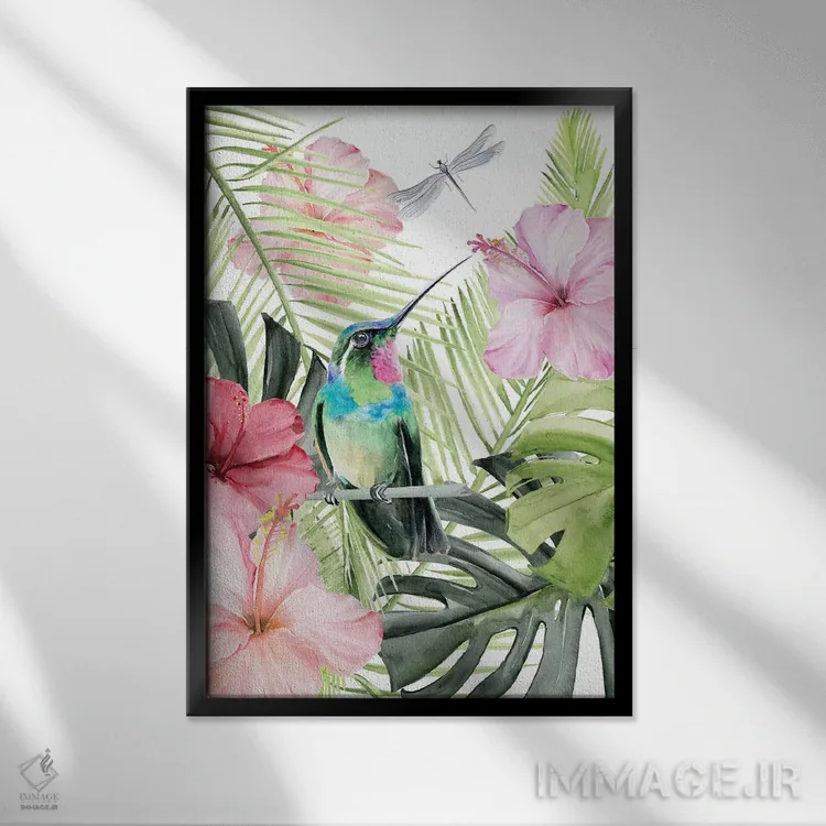 تابلو دکوراتیو شکوفه هیبیسکوس و مرغ مگس خوار ۲ اثر جنیفر پکستون پارکر - نمای قابدار مشکی