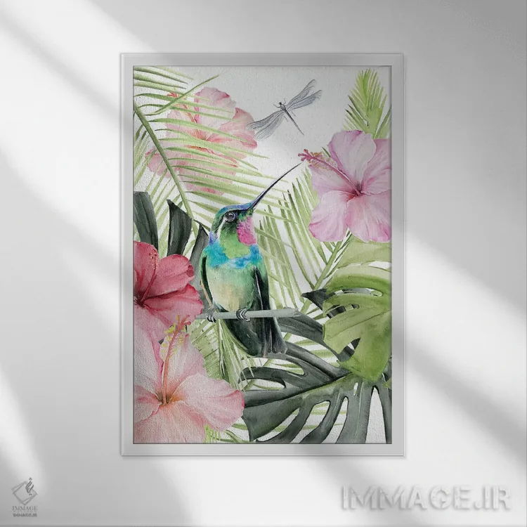 تابلو دکوراتیو شکوفه هیبیسکوس و مرغ مگس خوار ۲ اثر جنیفر پکستون پارکر - نمای قابدار سفید