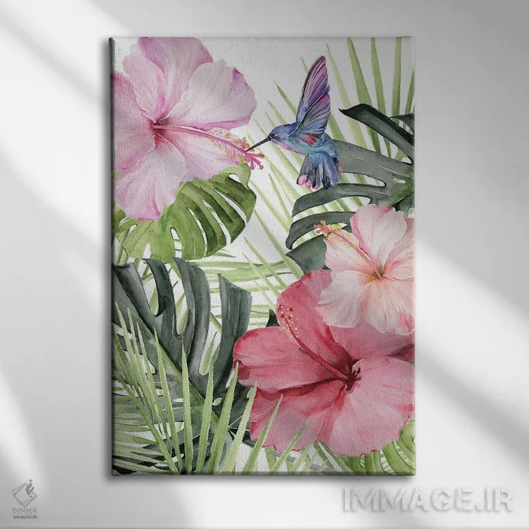 تابلو دکوراتیو شکوفه هیبیسکوس و مرغ مگس خوار ۱ اثر جنیفر پکستون پارکر - نمای روبهرو روی دیوار